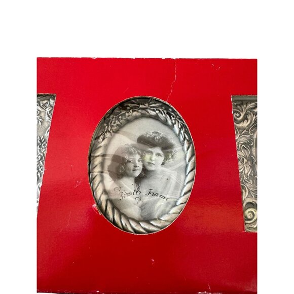 Vintage Pewter Ornate Silver Picture Frame Set With Oval Windows - Picture 5 of 10